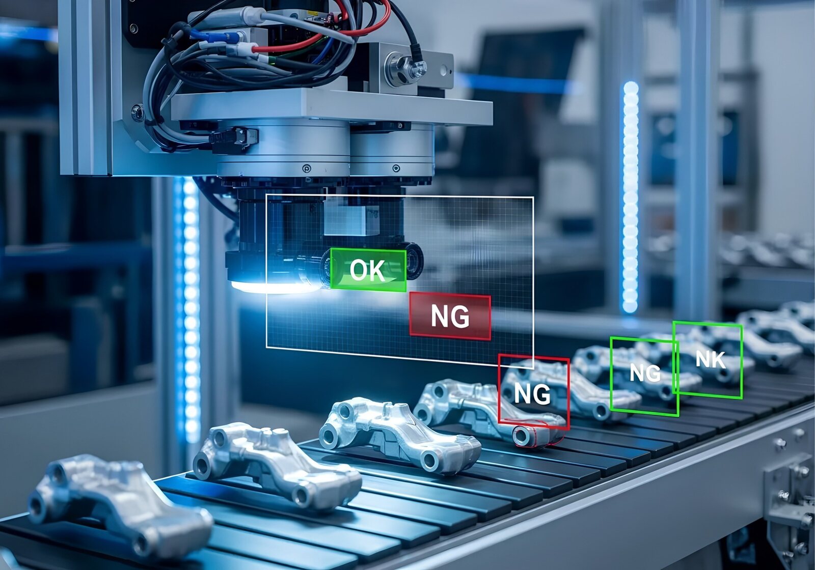 Spark Vision camera inspecting parts on a conveyor – OK and NG results